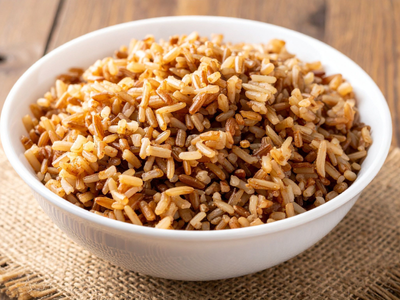 Cooked brown rice and quinoa stored in meal prep containers for healthy weekly meals