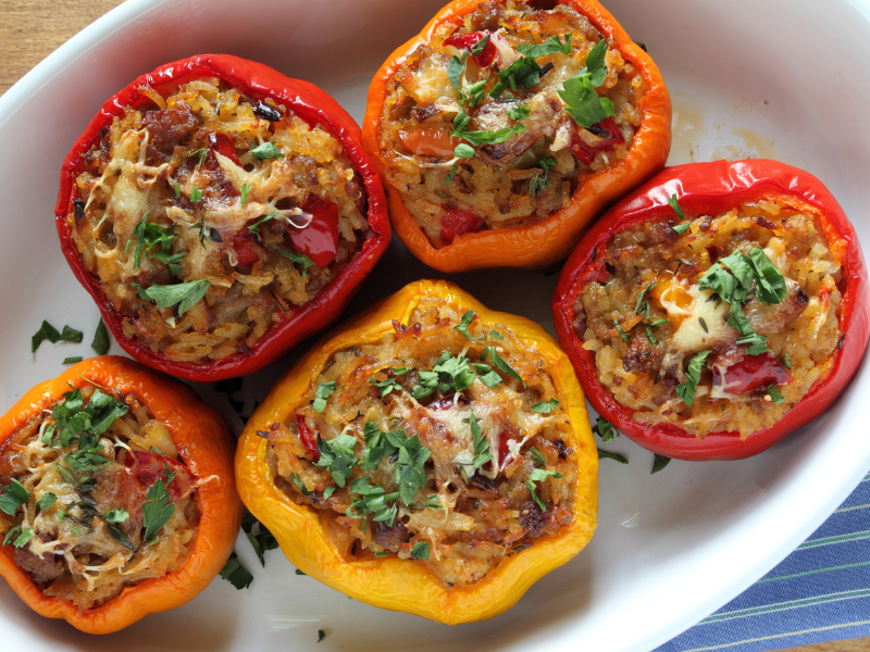 Bell peppers stuffed with spicy beef keema and baked until tender