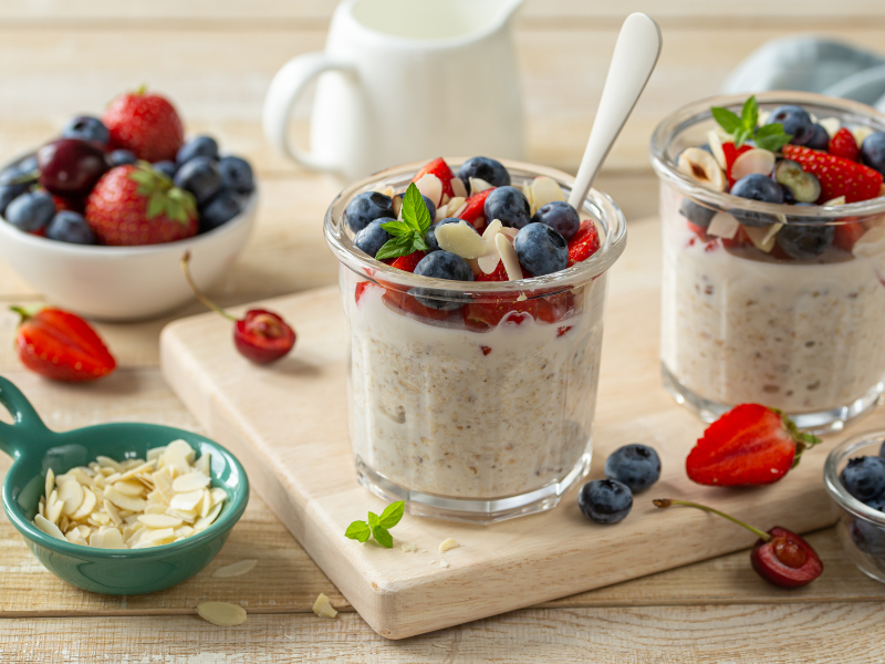 Overnight oats topped with fresh local fruits


