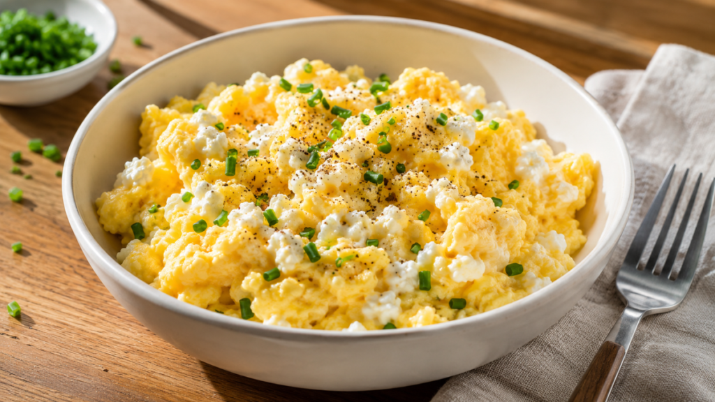 High-Protein Breakfast for Weight Loss featuring creamy scrambled eggs mixed with cottage cheese.