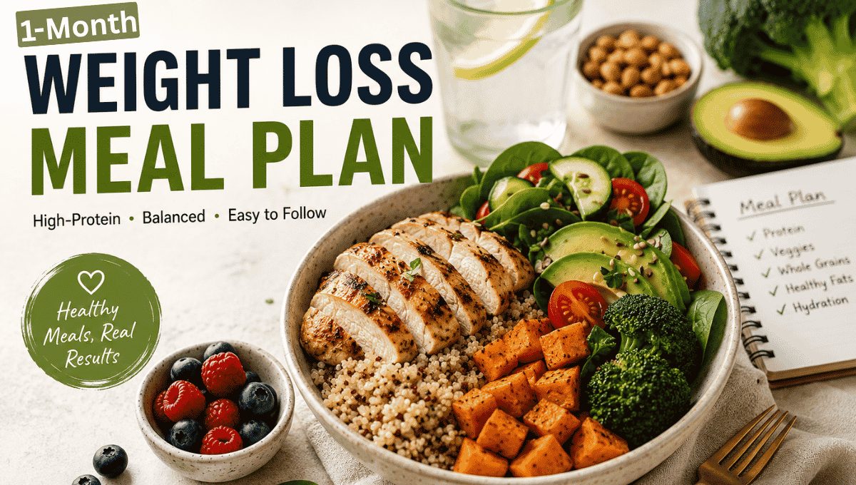 Healthy meal bowl with grilled chicken, quinoa, sweet potatoes, avocado, broccoli, and fresh vegetables representing a 1-month weight loss meal plan.