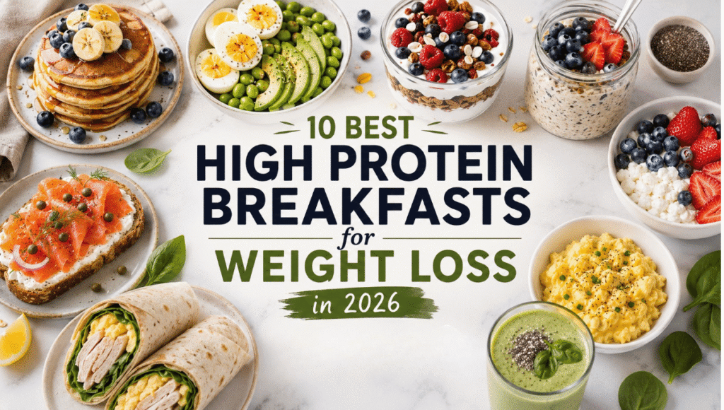 High-Protein Breakfast Ideas for Weight Loss featuring healthy recipes including avocado toast, Greek yogurt parfait, protein pancakes, eggs, overnight oats, and smoothies.