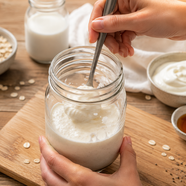 Mixing almond milk, Greek yogurt, vanilla, and maple syrup for high protein overnight oats.