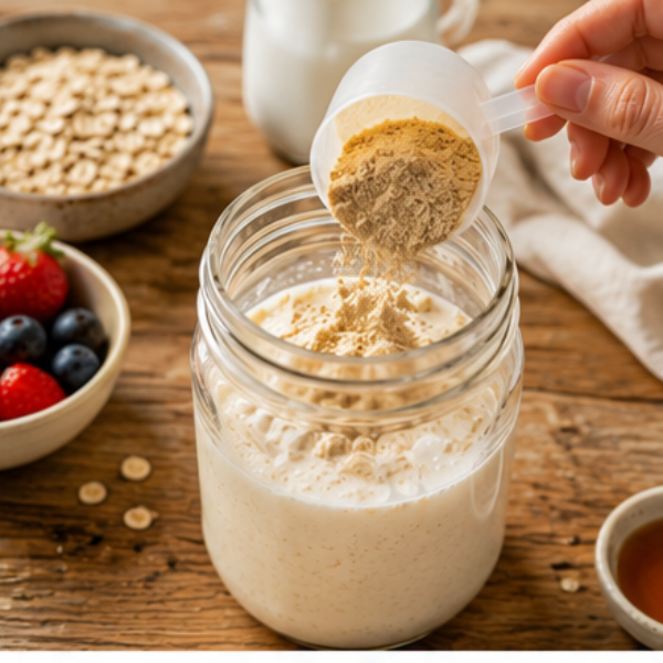 Stirring vanilla protein powder into the liquid mixture for high protein overnight oats recipe.