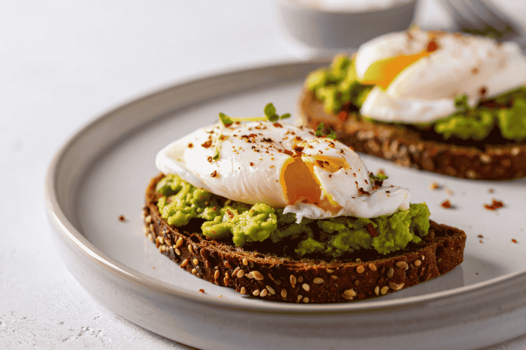 High-Protein Breakfast for Weight Loss featuring avocado and egg toast on whole-grain bread with fresh herbs.