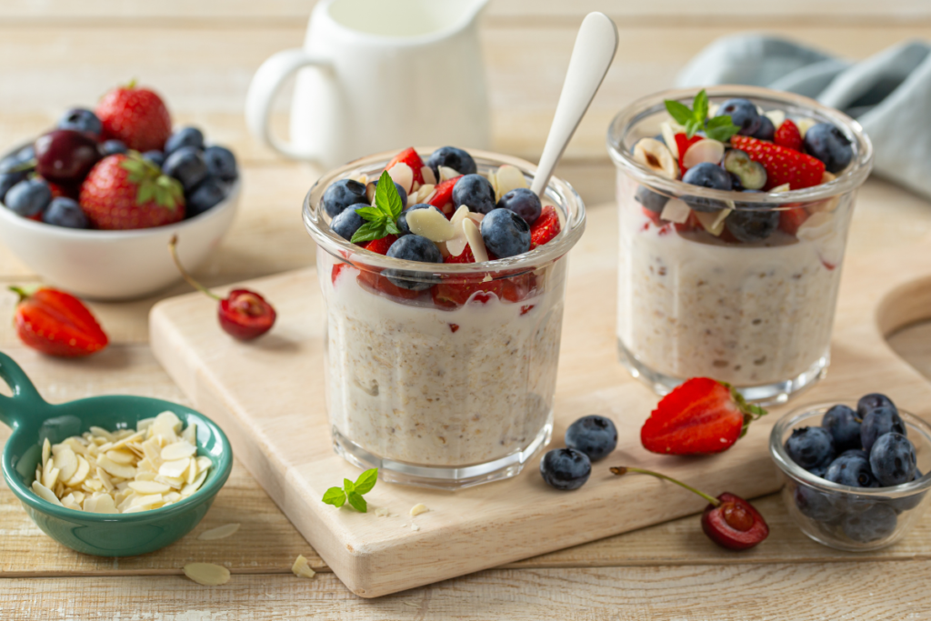 High-Protein Breakfast for Weight Loss with overnight oats topped with berries and chia seeds.