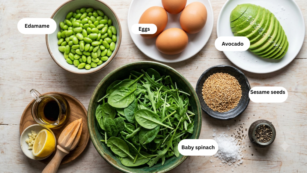 Fresh ingredients for an egg and edamame breakfast bowl including eggs, avocado, baby spinach, edamame, red onion, sesame seeds, olive oil, lime, garlic, soy sauce, sesame oil, honey, salt, and pepper arranged on a wooden surface.