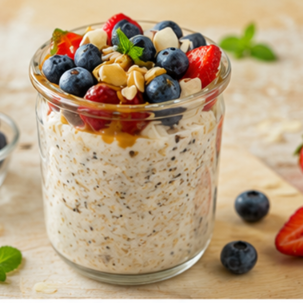 A jar of high protein overnight oats topped with fresh berries, granola, and nut butter.