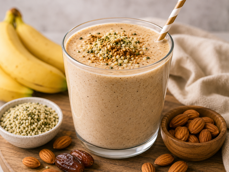 Healthy homemade protein smoothie served in a glass with cinnamon and hemp seeds.