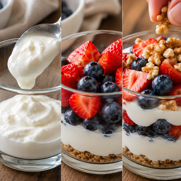 Greek Yogurt Parfait with Nuts and Berries Layering of yoghurt, berries and nuts