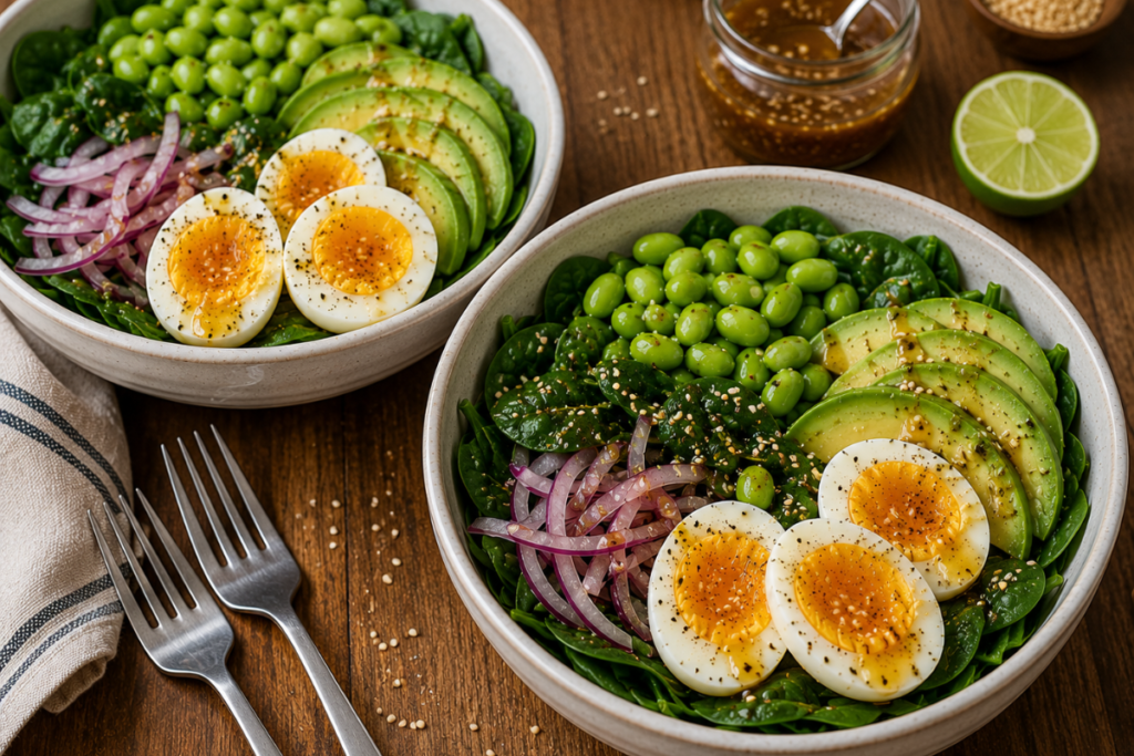 High-Protein Breakfast for Weight Loss featuring hard-boiled eggs, edamame, avocado, and fresh vegetables.