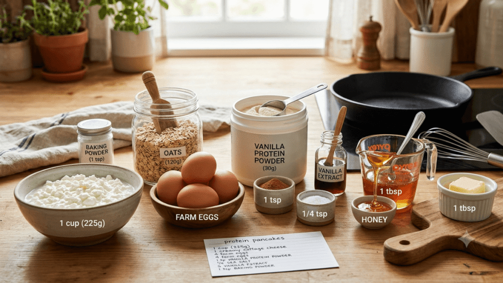 Overhead view of the ingredients for high protein pancakes, including cottage cheese, eggs, rolled oats, vanilla protein powder, baking powder, cinnamon, salt, honey, vanilla extract, and butter.