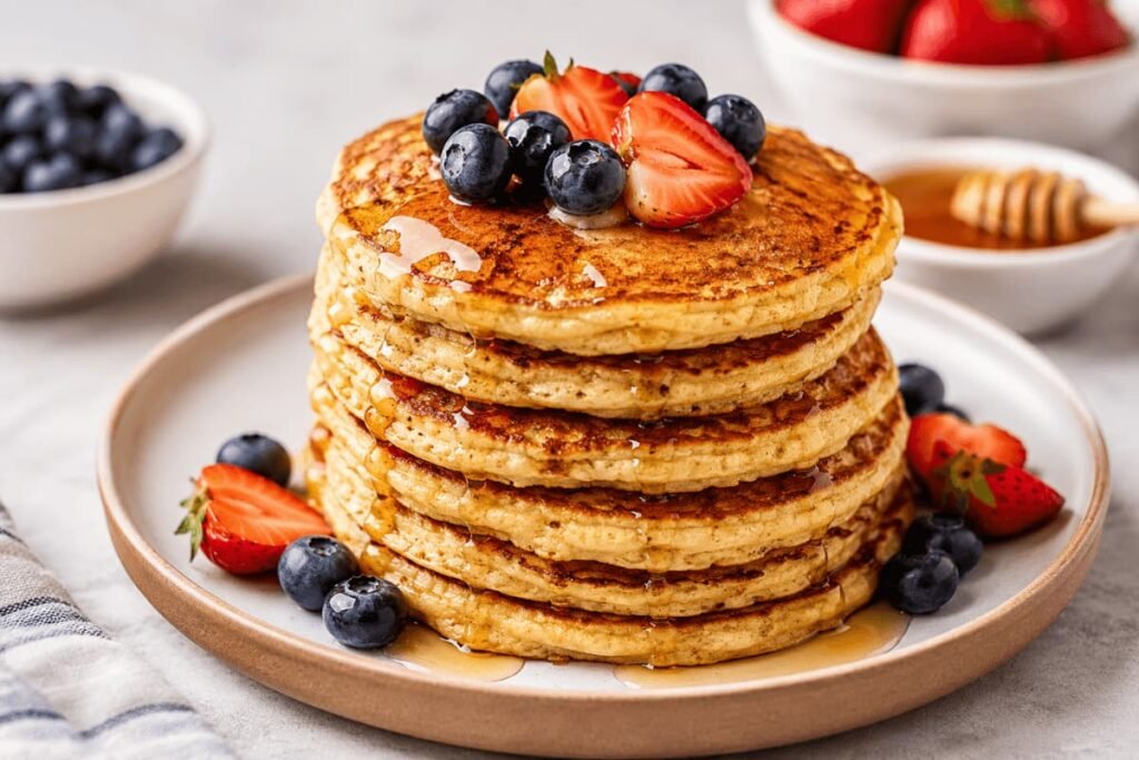 High-Protein Breakfast for Weight Loss with fluffy protein pancakes topped with berries and Greek yogurt.