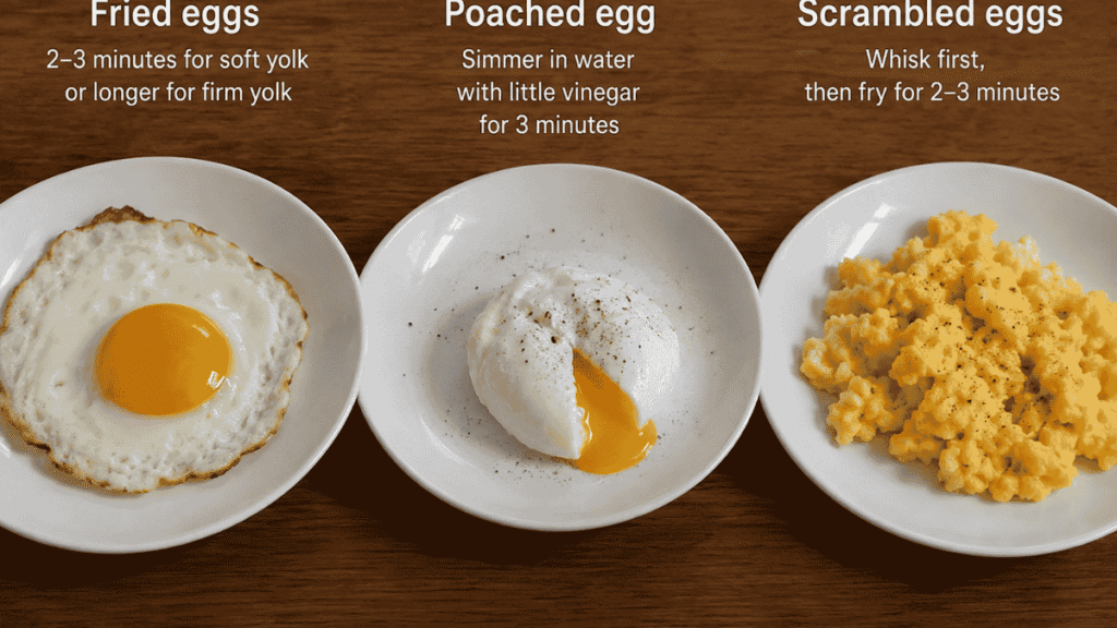 Fried egg, poached egg, and scrambled eggs cooked using three different methods for avocado egg toast recipe