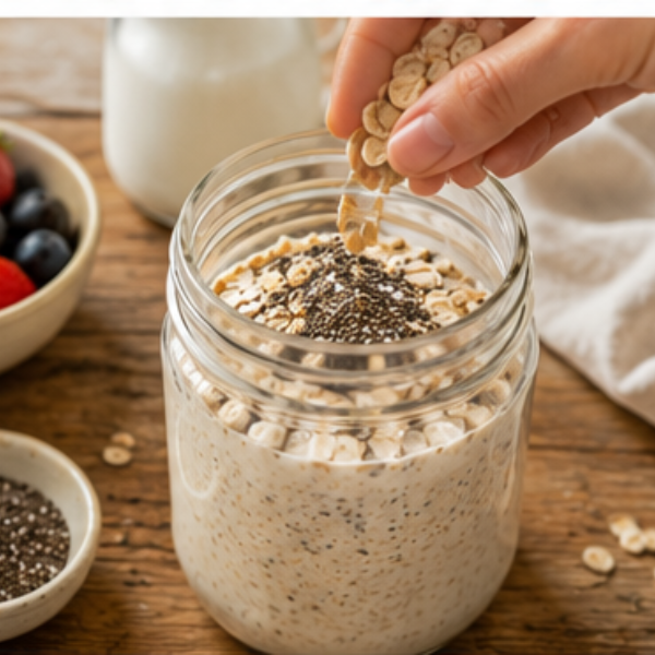 Rolled oats and chia seeds being added to a jar of high protein overnight oats.