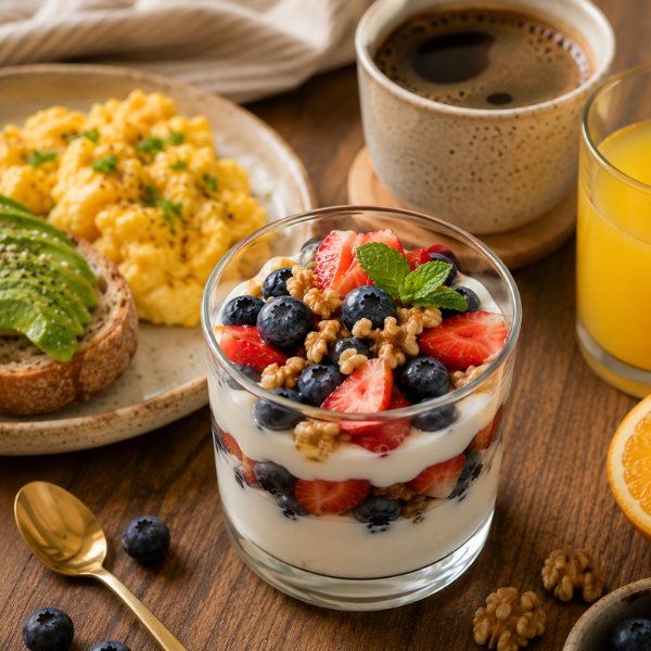 Greek yogurt parfait served with avocado toast scrambled eggs and coffee