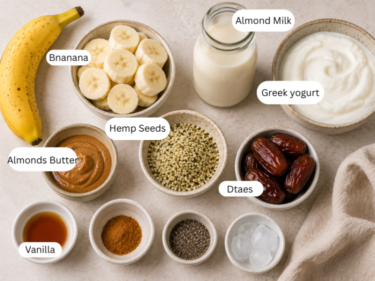 Ingredients for making whole food protein smoothie, including Greek yogurt, almond butter, hemp seeds and banana