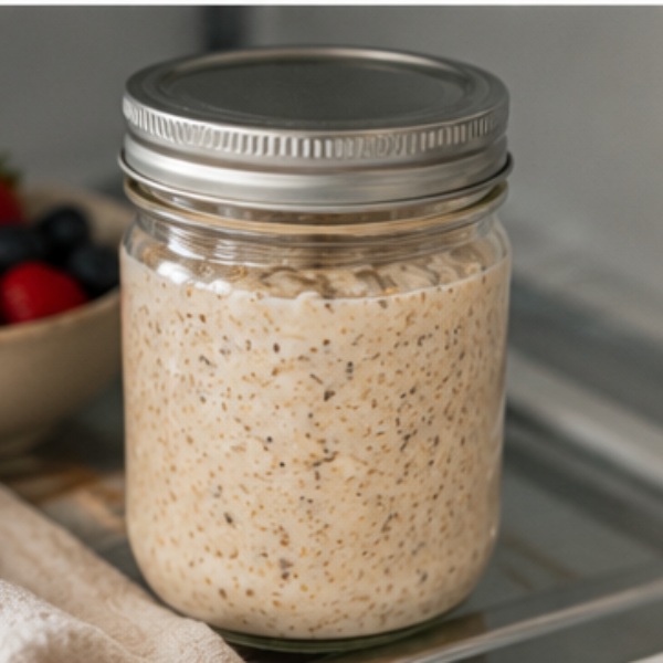A sealed jar of high protein overnight oats resting in the refrigerator overnight.