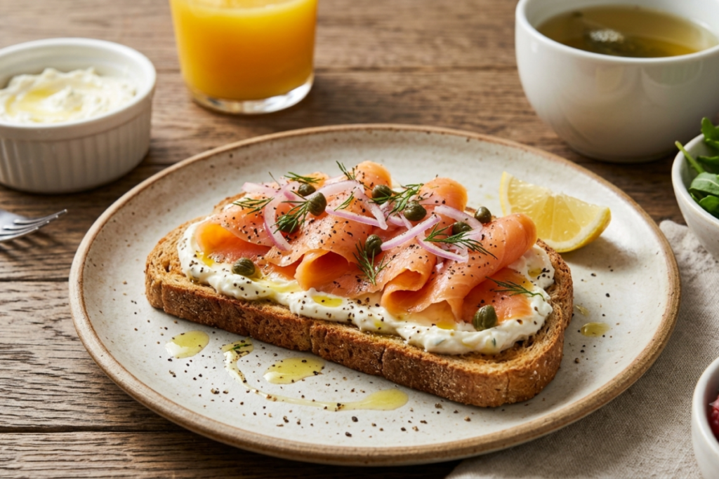 Smoked salmon on whole wheat toast topped with cream cheese, capers, red onion, fresh dill, and lemon wedges.