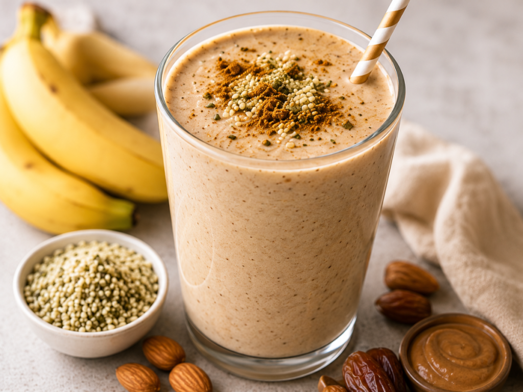 High-Protein Breakfast for Weight Loss made with a whole food protein smoothie containing fruit, yogurt, and seeds.