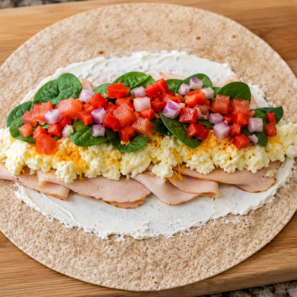 Turkey, egg whites, spinach, tomatoes, onions, and cheese layered on a tortilla before rolling.