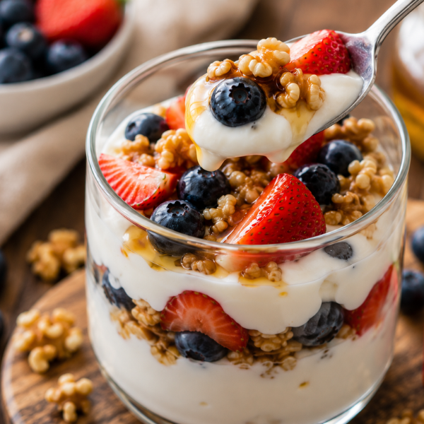 close-up-greek-yogurt-parfait Close-up of creamy Greek yogurt parfait with berries and walnuts