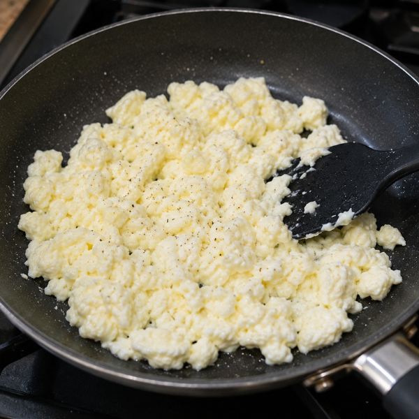 Fluffy scrambled egg whites cooking in a non-stick skillet for a high-protein breakfast wrap.