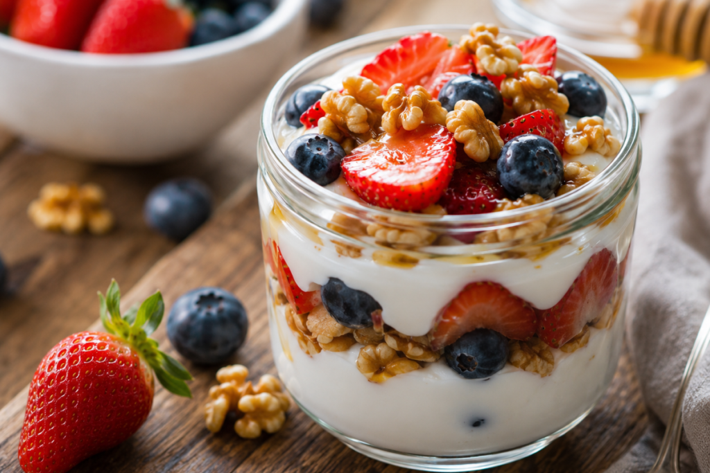 High-Protein Breakfast for Weight Loss featuring Greek yogurt parfait layered with berries and mixed nuts.