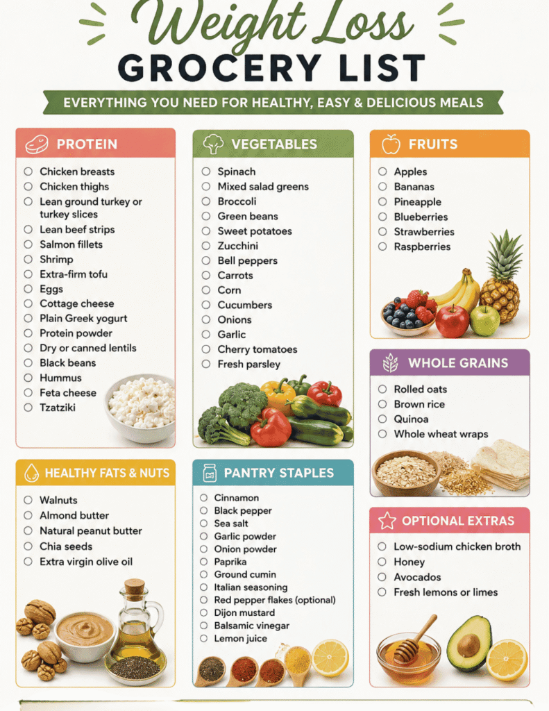 Printable High-Protein Breakfast for Weight Loss grocery list featuring protein foods, fruits, vegetables, whole grains, healthy fats, and pantry staples for easy meal prep.