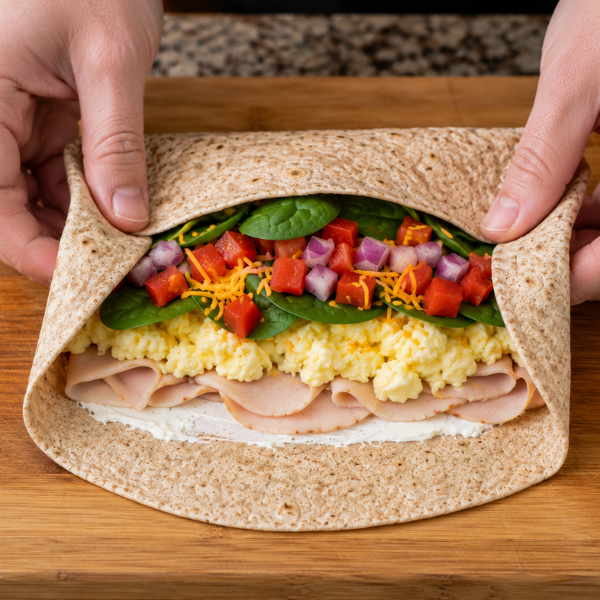 Hands rolling a turkey and egg white breakfast wrap on a clean kitchen surface.