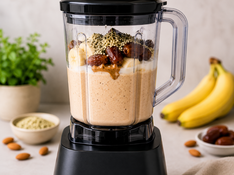 Whole food protein smoothie blending inside a high-speed blender