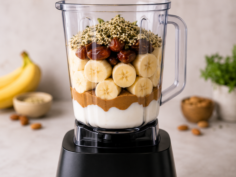 Ingredients are added to blender to make whole food protein smoothie
