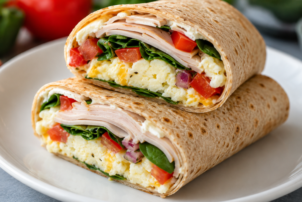 High-Protein Breakfast for Weight Loss with turkey and egg wraps filled with fresh vegetables.