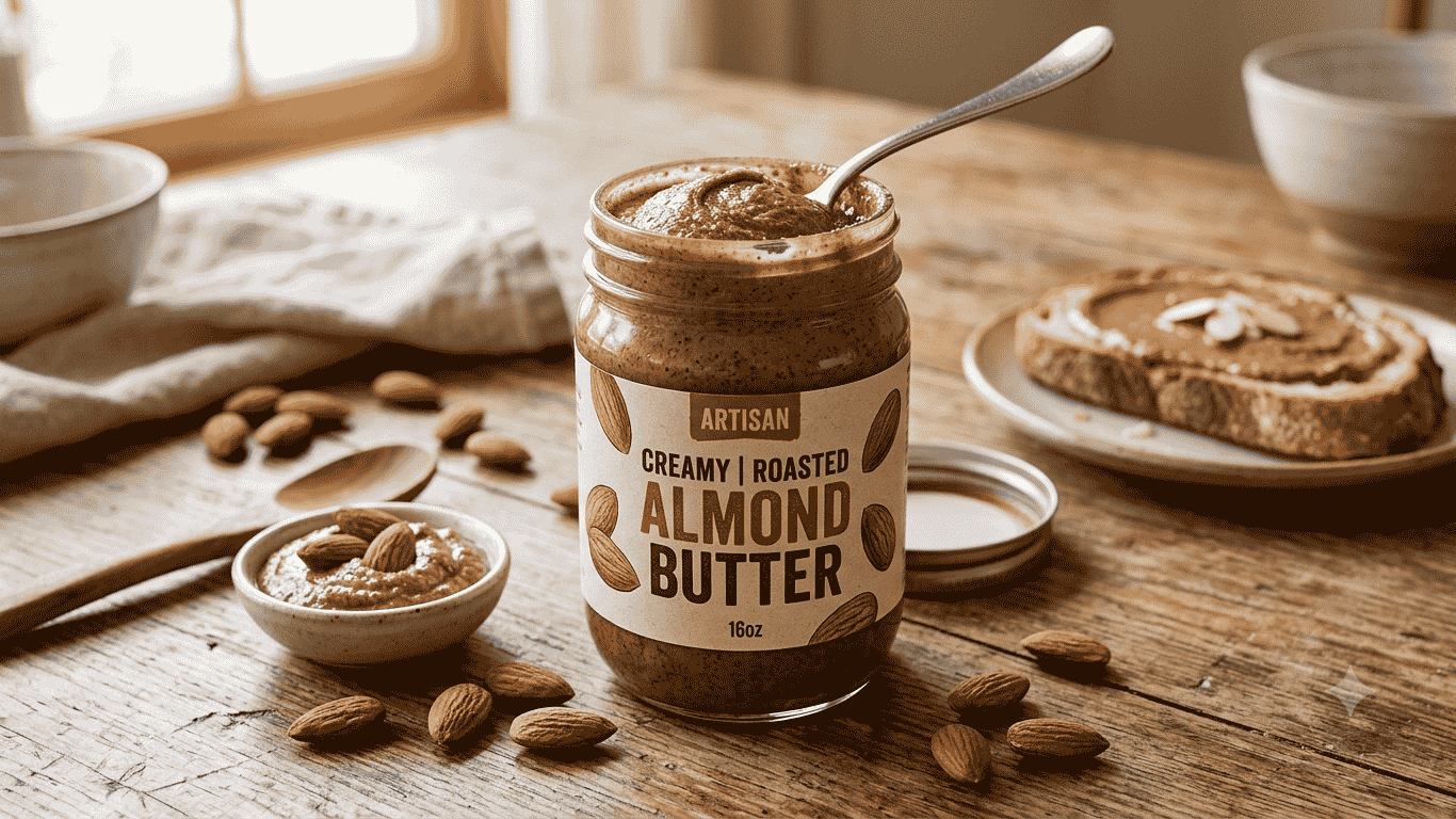 Is Almond Butter a Healthy Fat? Creamy natural almond butter in a glass jar surrounded by whole almonds, highlighting its healthy monounsaturated fats and essential nutrients.